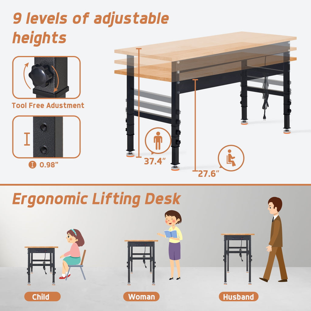 NETAJE 60 Heavy-Duty Work Bench Adjustable Workbench Work Table 2000 lb Load Capacity w/ Power Outlets for Garage, Workshop, Workstation