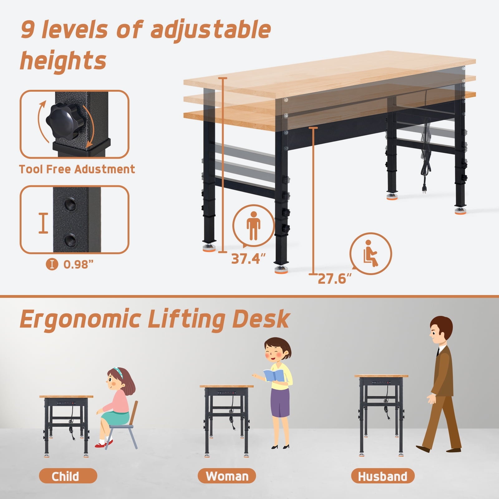 NETAJE 60 Heavy-Duty Work Bench Adjustable Workbench Work Table 2000 lb Load Capacity w/ Power Outlets for Garage, Workshop, Workstation