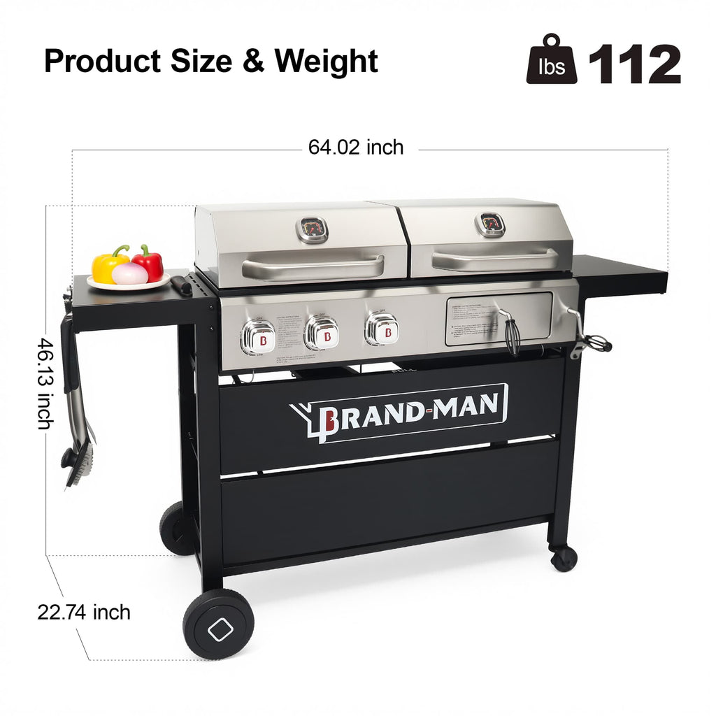 Brand Man Propane 6-Burner Combo Gas Grill with Flat Top Griddle, Heavy Duty 2-in-1 BBQ with Stainless Steel Lids for Outdoor Barbecue
