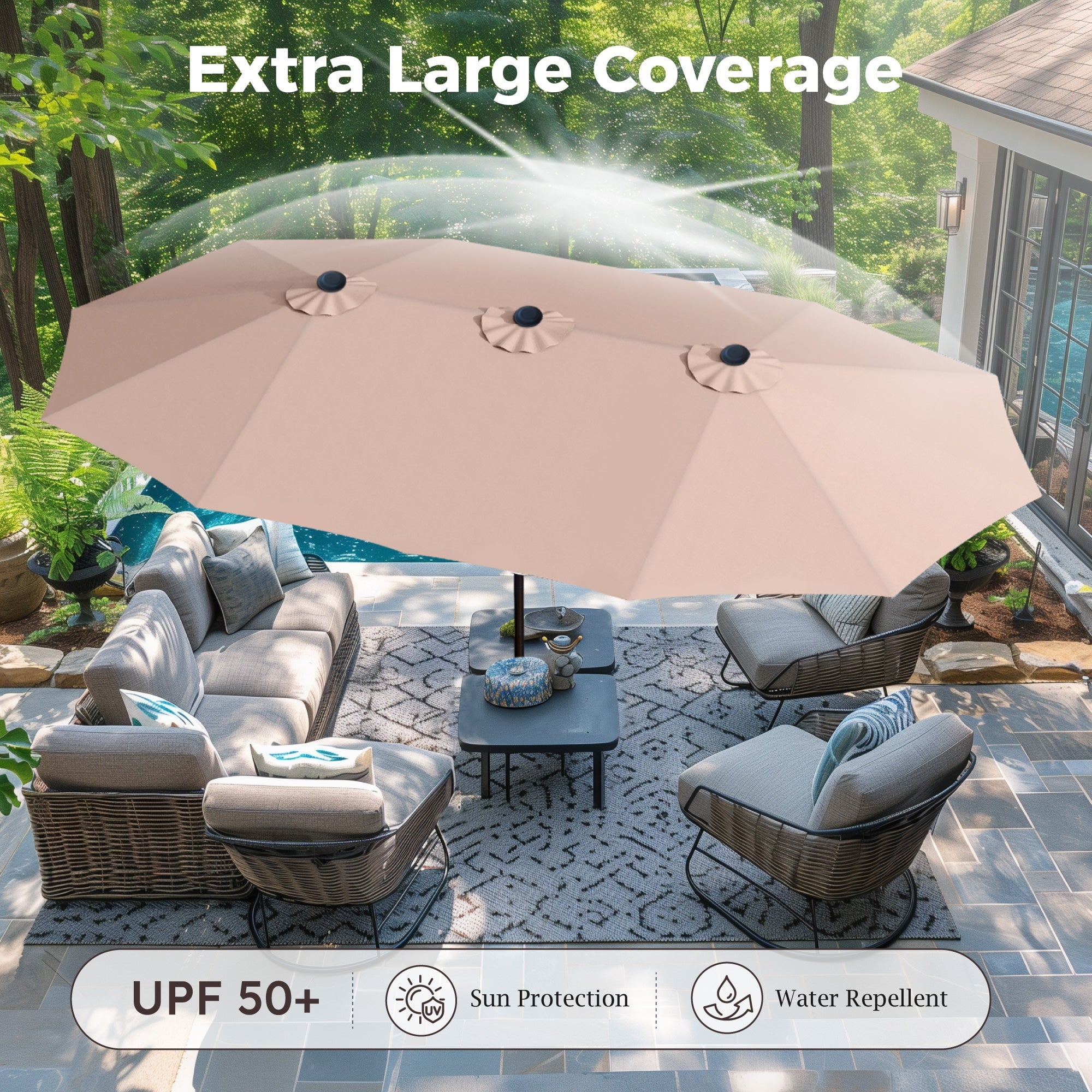 Alpha Joy 15ft Outdoor Patio Umbrella Extra-Large Double-Sided Garden Umbrella with Crank Handle and Base - Smoky Gray