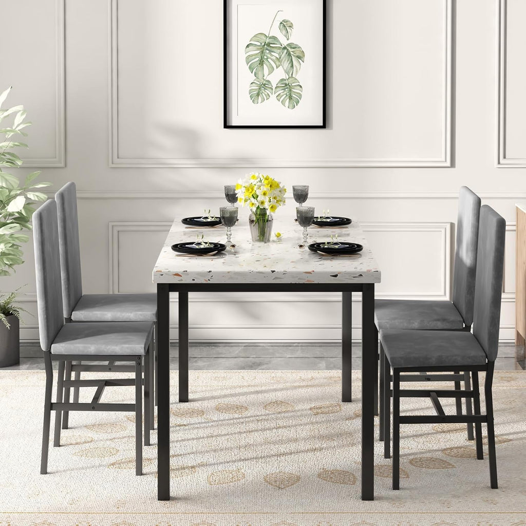 MIERES 5-Piece Dining Table Set for 4, Faux Marble Kitchen Table and 4 Chairs, Modern Dining Room Table with 4 Chairs, Dinner Table Set for Small Spaces, Brown