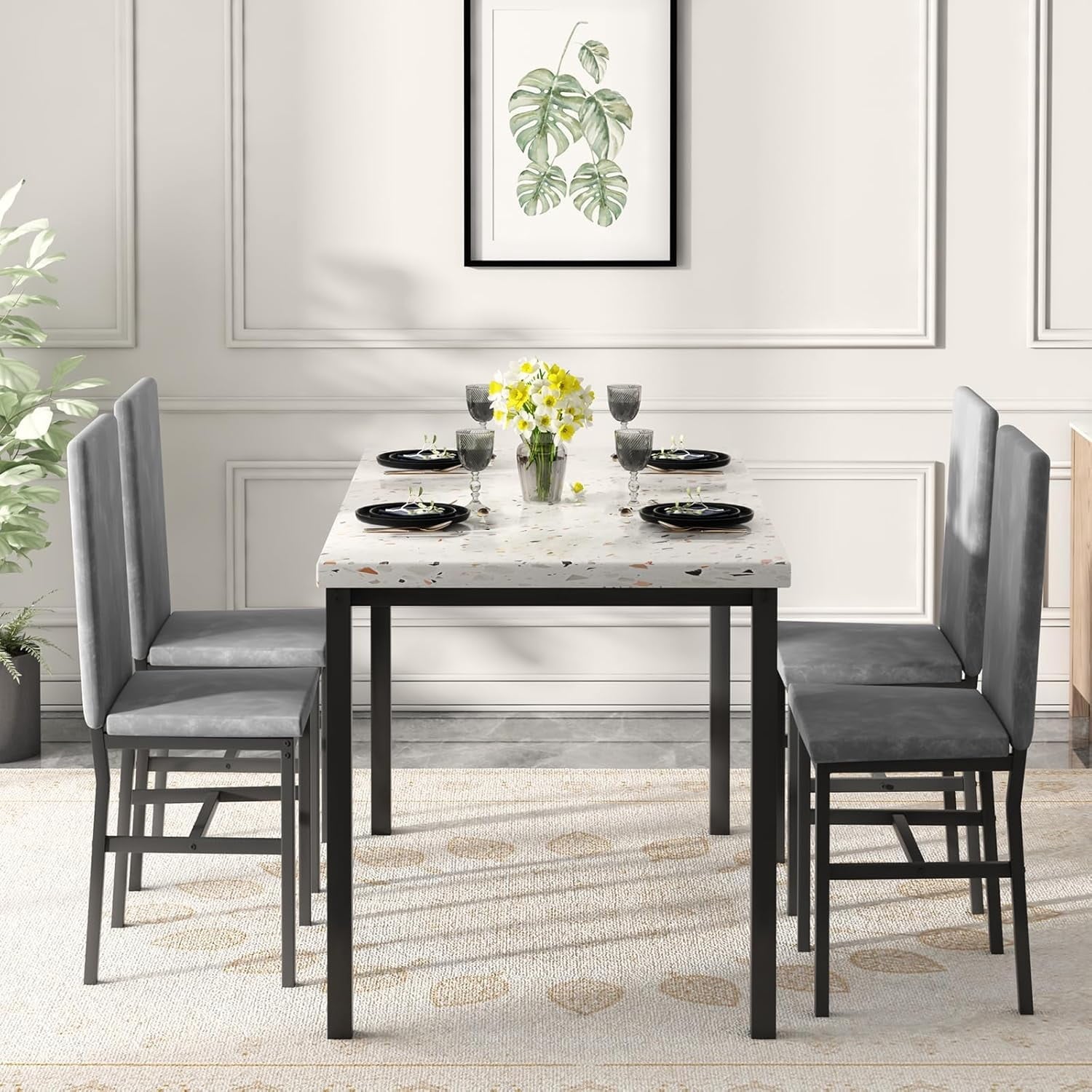 MIERES 5-Piece Dining Table Set for 4, Faux Marble Kitchen Table and 4 Chairs, Modern Dining Room Table with 4 Chairs, Dinner Table Set for Small Spaces, Brown