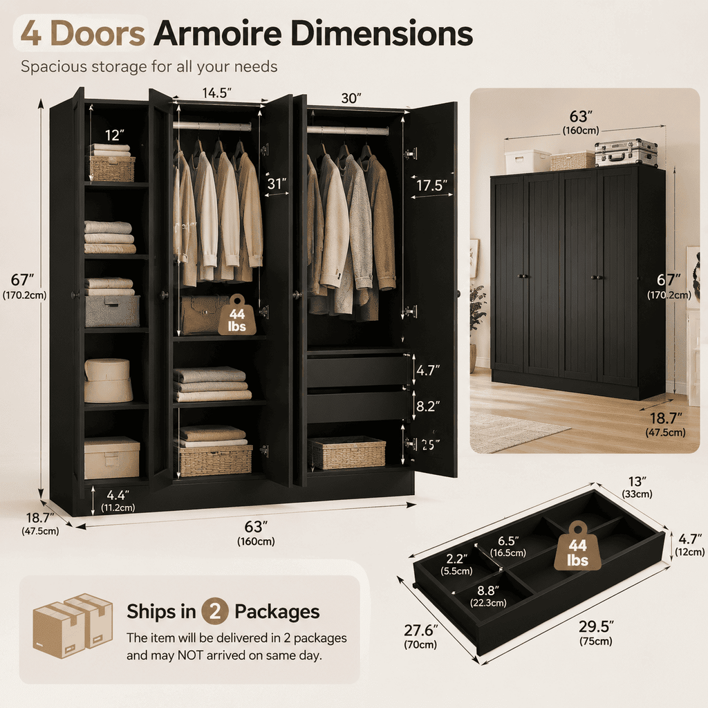 Laisnet 67H Armoire Wardrobe Closet with 4 Doors and 2 Drawers, Adjustable Shelves & Hanging Rods for Bedroom, White