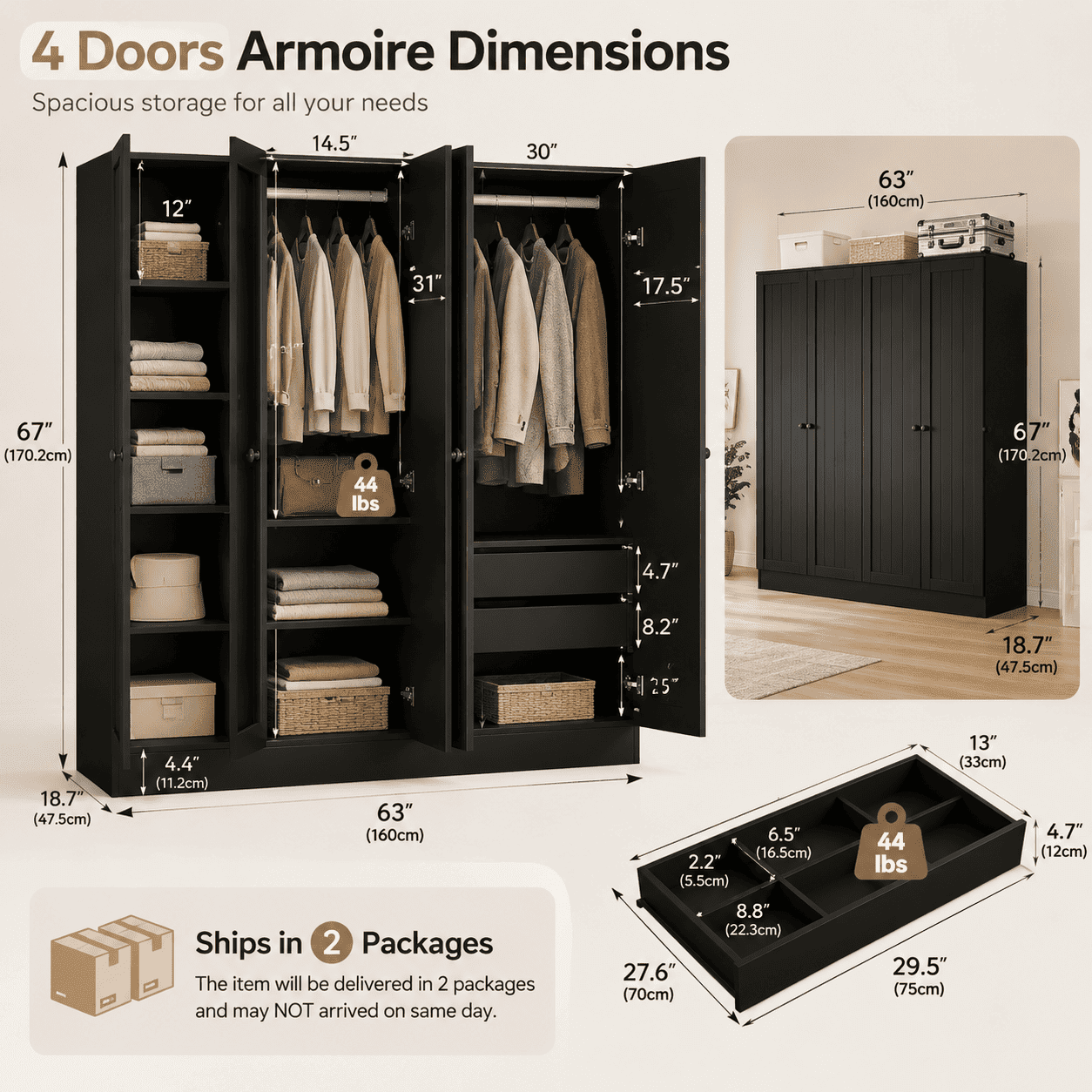 Laisnet 67H Armoire Wardrobe Closet with 4 Doors and 2 Drawers, Adjustable Shelves & Hanging Rods for Bedroom, White