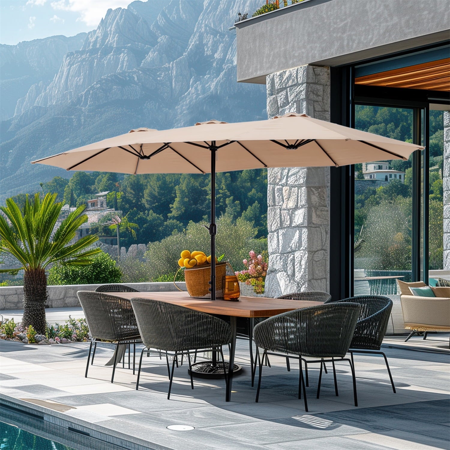 SUMMIT LIVING 15 ft Large Patio Umbrella with Base (Included) Double-Sided Rectangular Outdoor Deck Umbrella for Outside - Beige