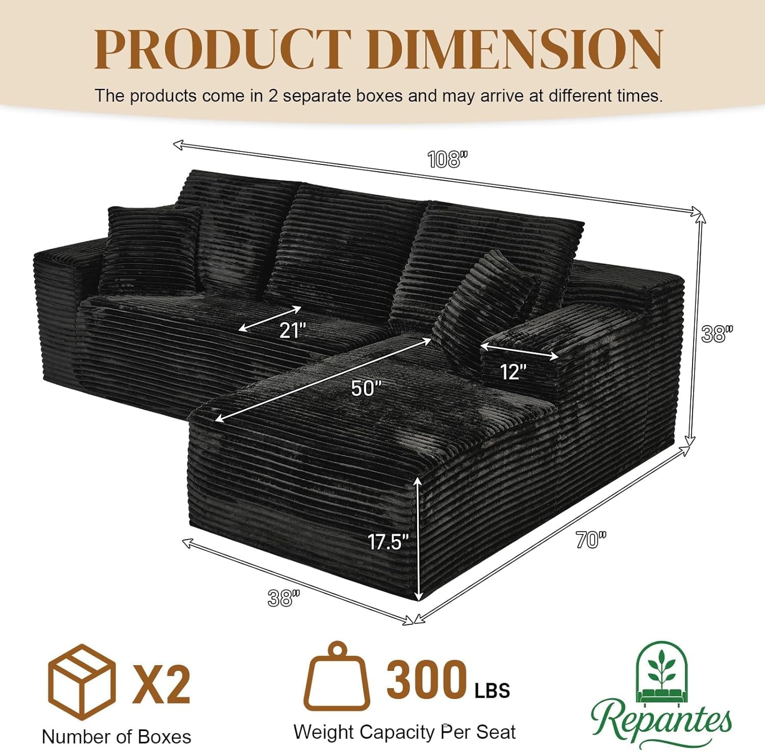 LLappuil 108 Sectional Sofa, Modular Sectional Couch with Left Chaise, Deep Seat Corduroy Cloud Sofa for Living Room Black