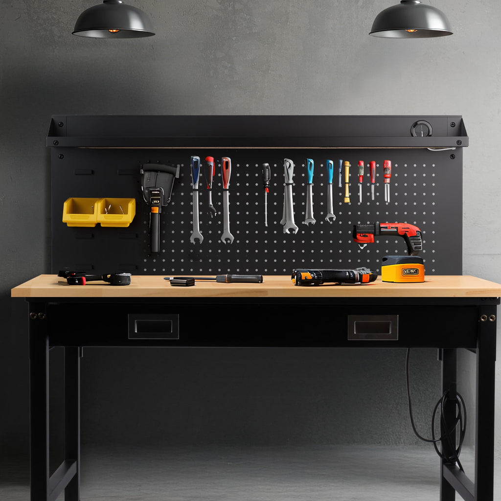MUWOOD Multifunctional Workbench 60x22 with Pegboard Worktable w/ Power Outlets, LED, Work Bench For Garage max. 1500W Heavy Duty Workbench 2000lbs Weight Capacity