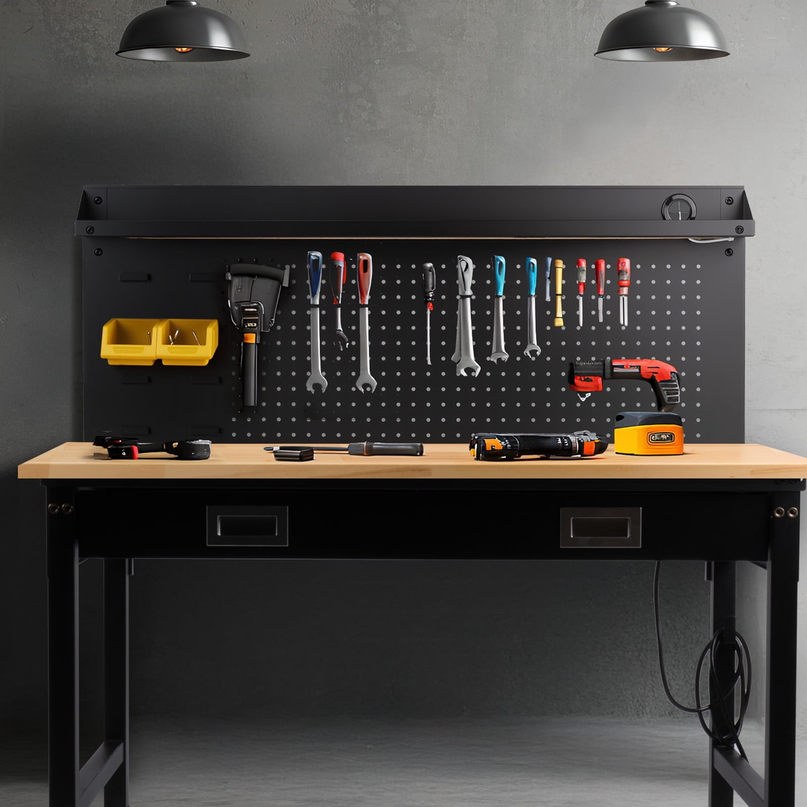 MUWOOD Multifunctional Workbench 60x22 with Pegboard Worktable w/ Power Outlets, LED, Work Bench For Garage max. 1500W Heavy Duty Workbench 2000lbs Weight Capacity