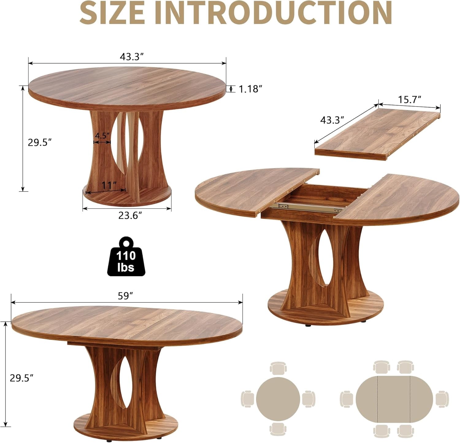 Laisnet 59 Extendable Wooden Dining Table for 8, Modern Kitchen Table with Hidden Storage, Black