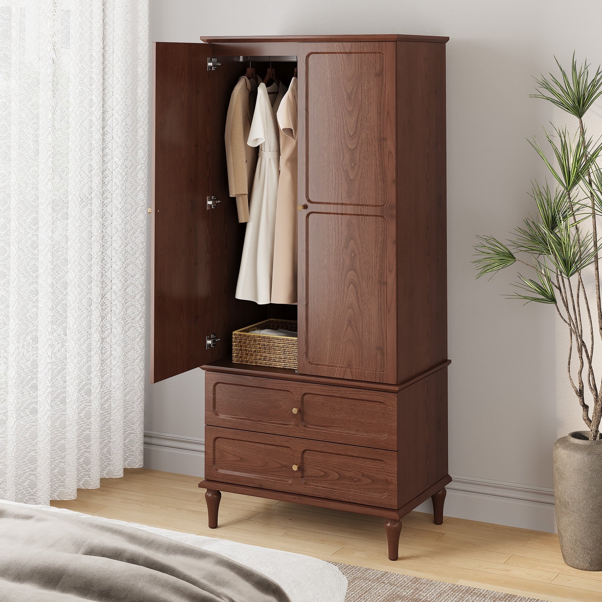 HLR 71 Tall Modern Wood Armoire Wardrobe Closet, Freestanding Cabinet with Hanging Rod for Bedroom, Brown