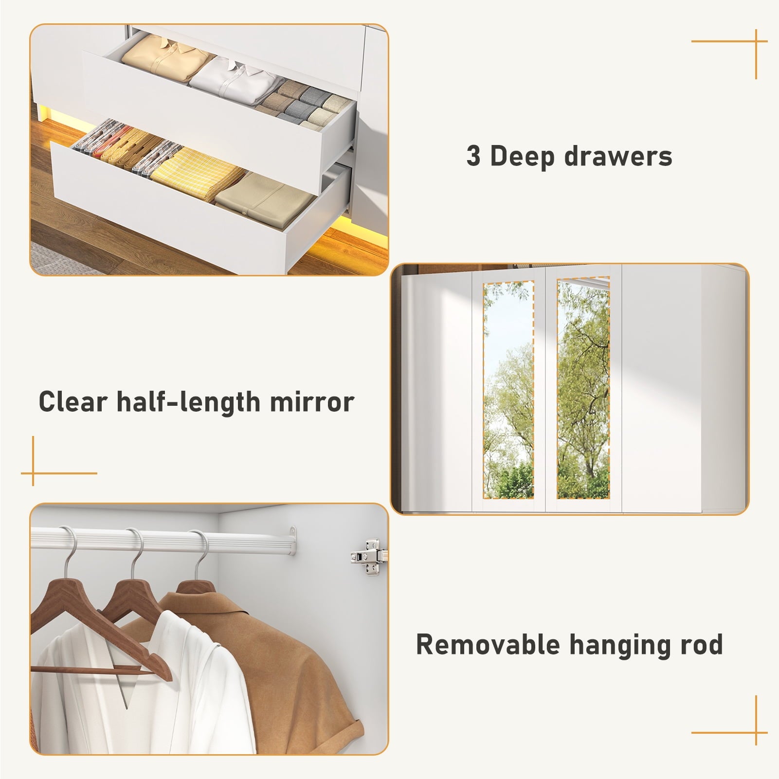 75 Tall 3 Doors Armoire Wardrobe Closet with  3 Drawers and Mirror, Large Wardrobe Closet for Bedroom with LED Lights, Wooden Armoire Storage Cabinet with Hanging Rod, Adjustable shelves (White)