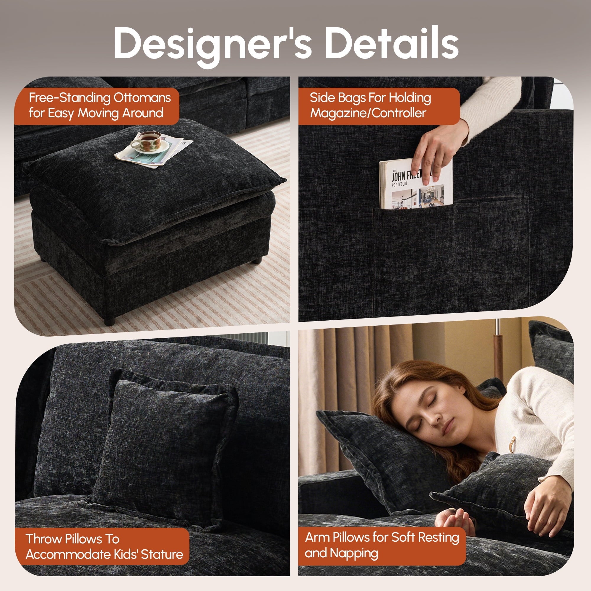 Ovios 108 Modular Sectional Sofa U-Shaped Cloud Couch with 2 Ottomans, Comfy Living Room Furniture, Chenille, Gray