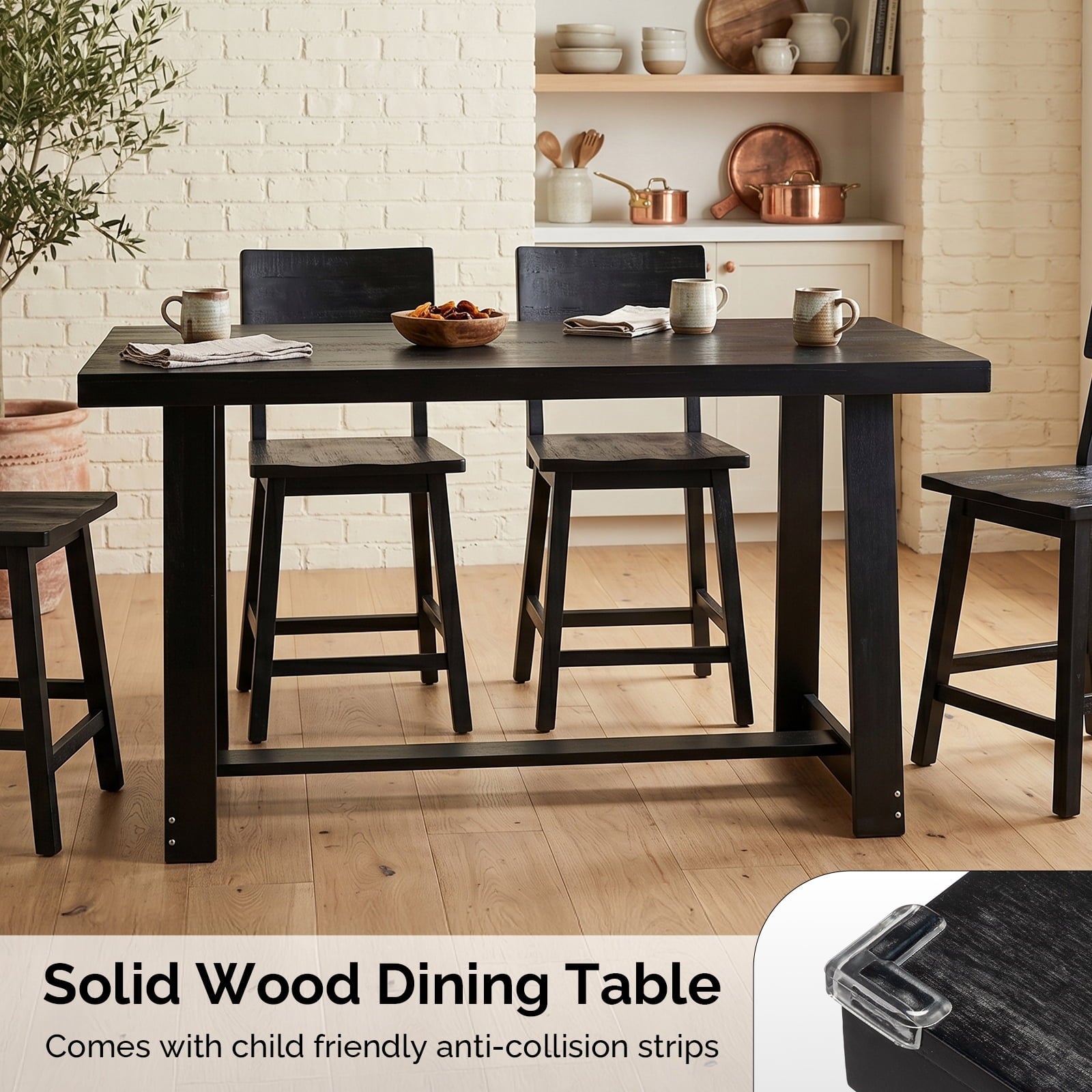 Ktaxon Pine Wood Dining Table for 4, 47.3 Rectangle 4-Person Indoor Farmhouse Kitchen Table Solid Wood Dinner Breakfast Table for Small Space, Apartment Friendly, Black