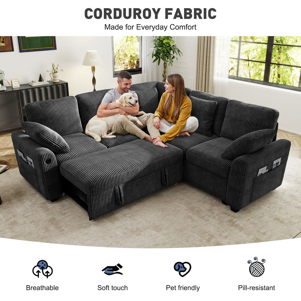BedLuxury 83 Sectional Sleeper Sofa With Pull Out Bed, Storage Seat & USB Charging, L Shape Modern Couch for Living Room, Corduroy Gray