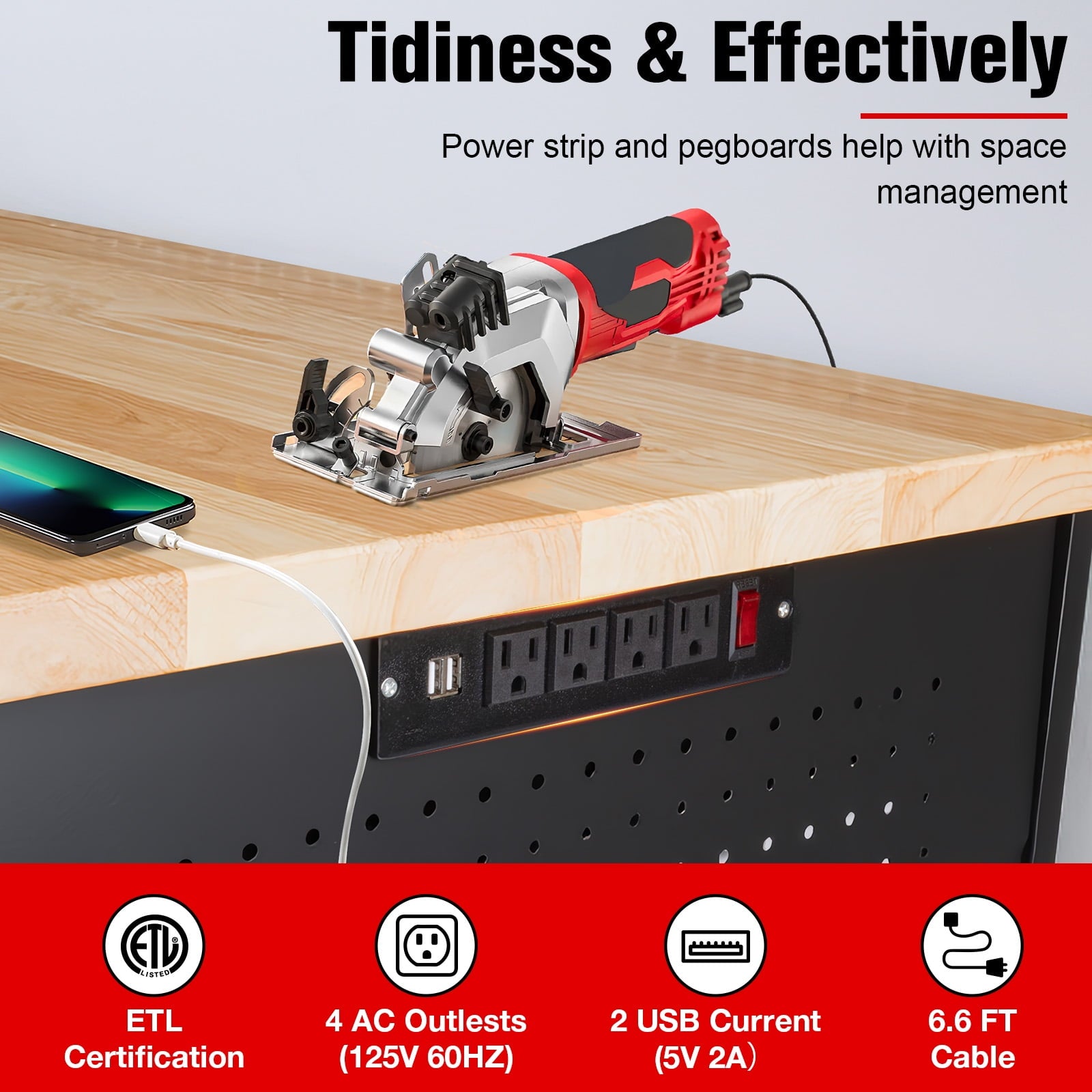 MUWOOD Multifunctional Workbench 60x22 with Pegboard Worktable w/ Power Outlets, LED, Work Bench For Garage max. 1500W Heavy Duty Workbench 2000lbs Weight Capacity