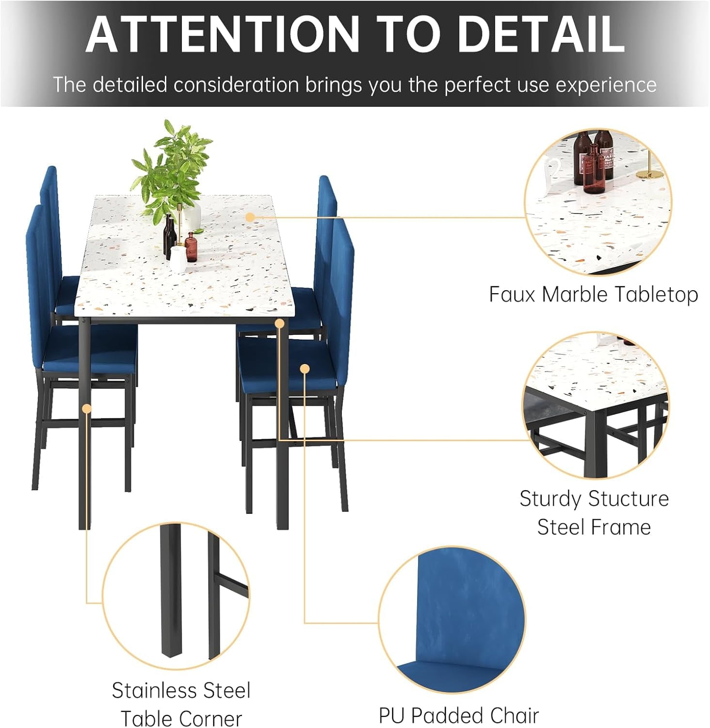 MIERES 5 Piece Dinning Table Sets for 4, Marble Kitchen Table and Chairs for 4,Dining Room Table Set with PU Leather Chairs,Faux Marble Dining Set for Small Spaces,Living Room,White+Brown