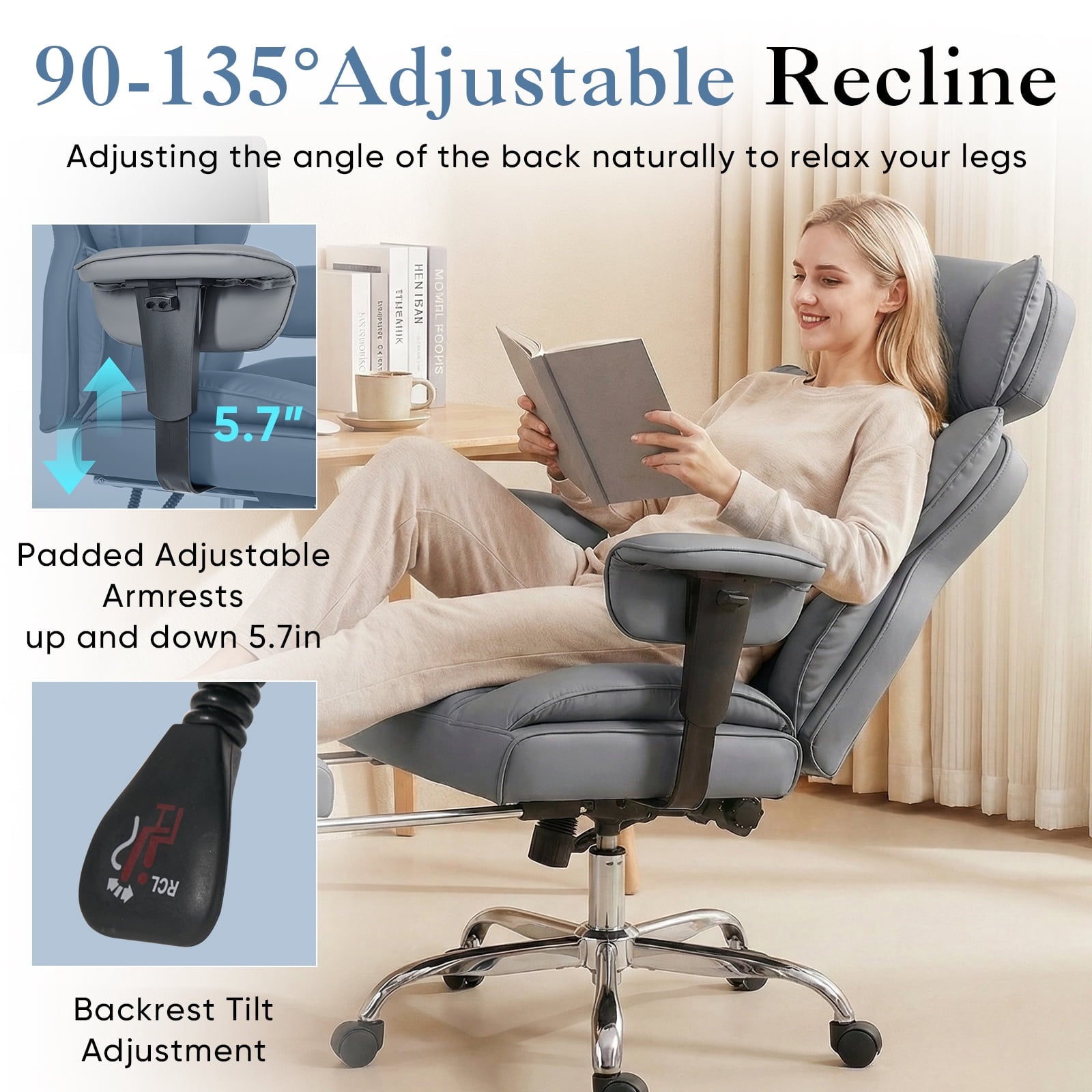 CONCETTA Ergonomic Office Chair 400LBS for Big & Tall, Heavy Duty Desk Chair with Reclining Back, Footrest, Luxurious PU Leather, Black