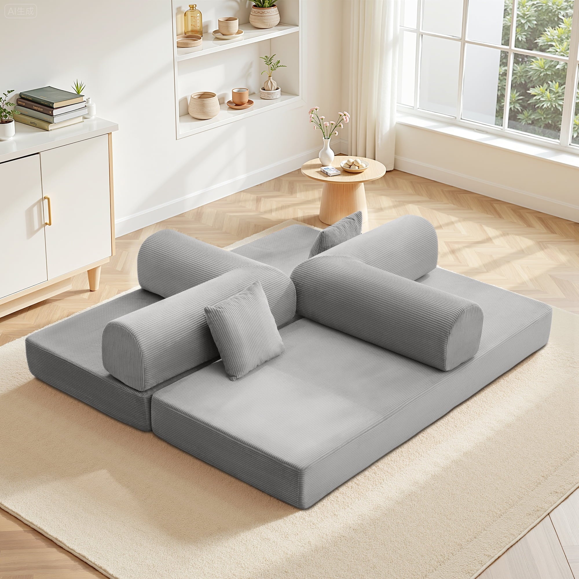 COOLHUT 63 W Combination Sofa, High Rebound Density Foam Sofa Couch, Two Forms Floor Couch Three Seats Sofa Bed for Living Room, Bedroom, Green