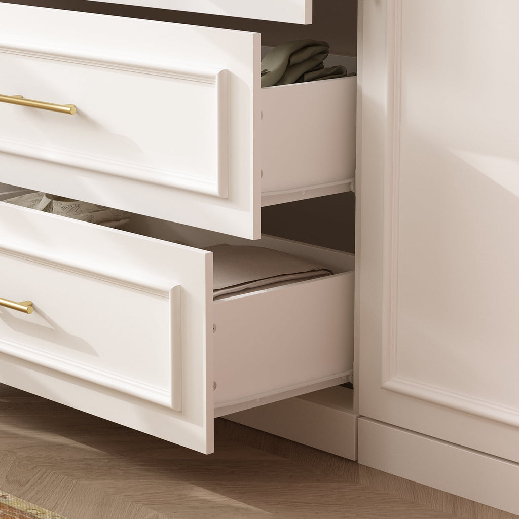 KULAGAGA Wardrobe Closet with Hanging Rod, Modern Wooden Armoire with 4 Framed Doors & 3 Large Shelves, Clothes Storage Cabinet Organizer for Bedroom Apartment, White