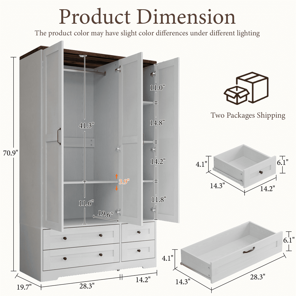 Brafabhome 71H Armoire Wardrobe Closet with 2 Drawers, Farmhouse 2 Doors Armoire Cabinet with Hanging Rod, Modern Freestanding Wardrobe Clothes Cabinet for Bedroom | Gray