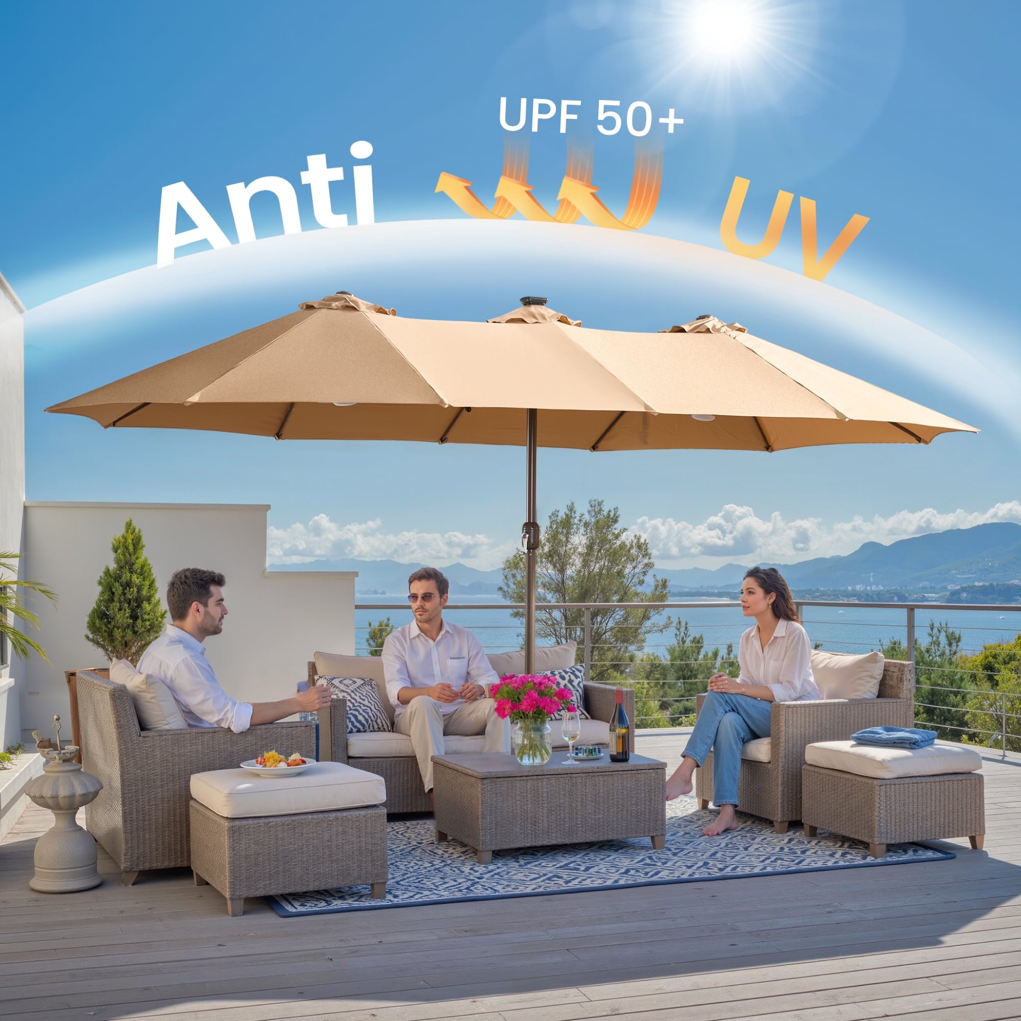 Ovios 15ft Solar LED Patio Umbrellas Double-Sided Outdoor Umbrella 36 LED Lights Large Poolside Umbrella with Base for Outside, Market, Backyard, Dark Grey