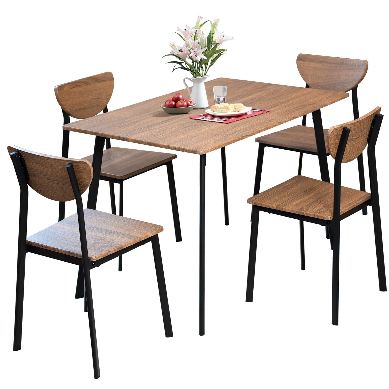 Lamerge 4 Person Dining Table Set, Wooden Dining Table 5 Piece Set with 4 Oak Metal Frame Chairs, Space Saving, Suitable for Apartments, Small Spaces, Kitchens, Breakfast Corners, Espresso Wood C