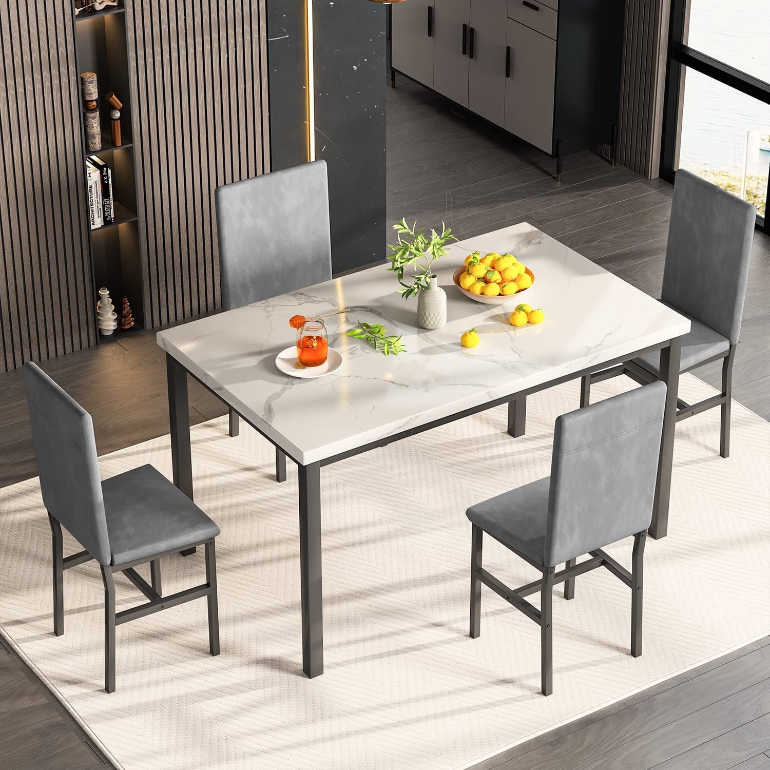 SYNGAR 5 Piece Dining Set, Modern Dining Table and Chairs Set for 4, Kitchen Dining Table Set with Faux Marble Tabletop & 4 Upholstered Chairs, for Small Space, Breakfast Nook, D9224