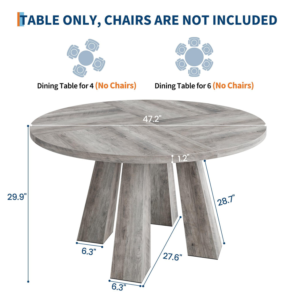 47 Round Farmhouse Dining Table for 4 | Sturdy Kitchen Table & Breakfast Nook Centerpiece Space-Saving Design for Dining Room (Table Only)