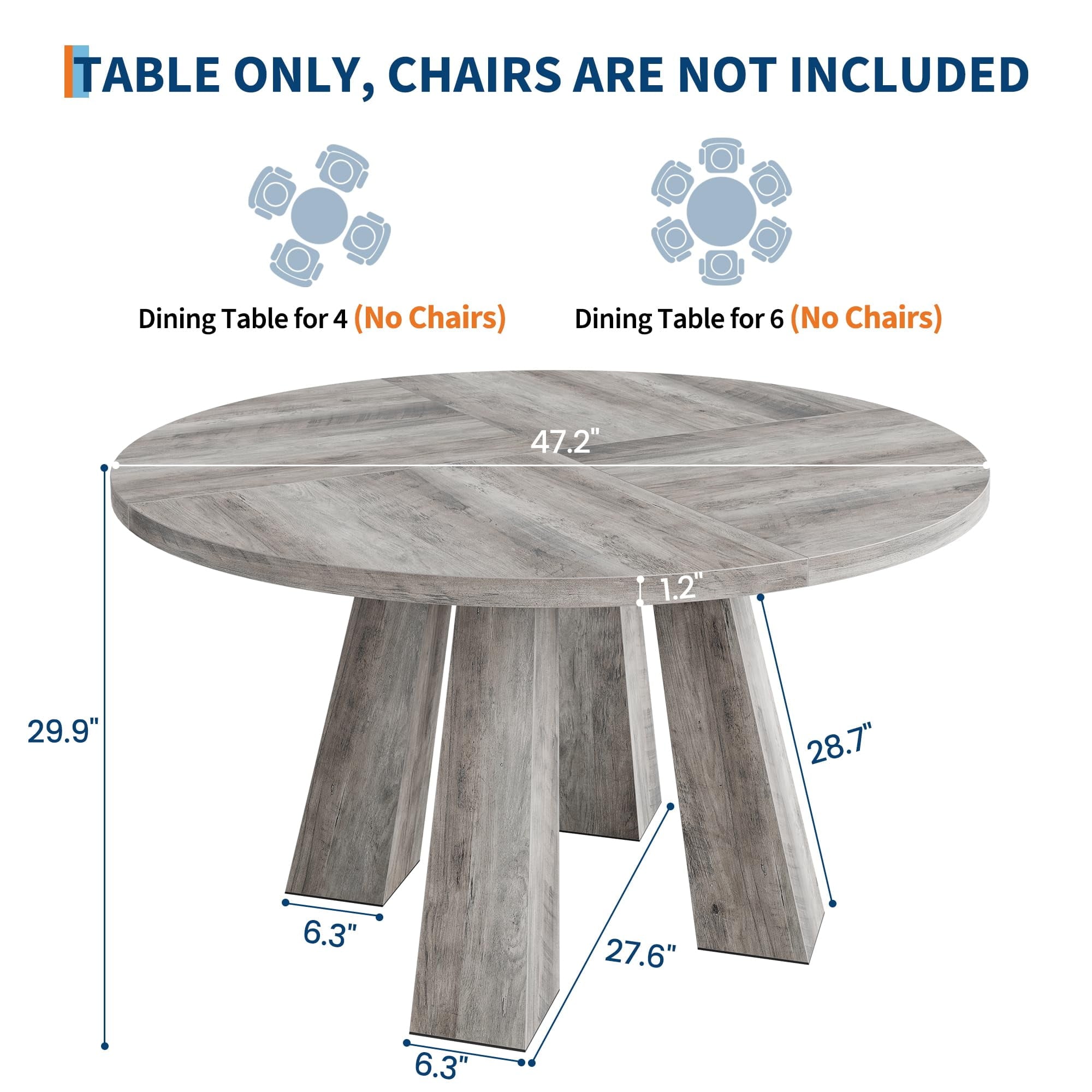 47 Round Farmhouse Dining Table for 4 | Sturdy Kitchen Table & Breakfast Nook Centerpiece Space-Saving Design for Dining Room (Table Only)