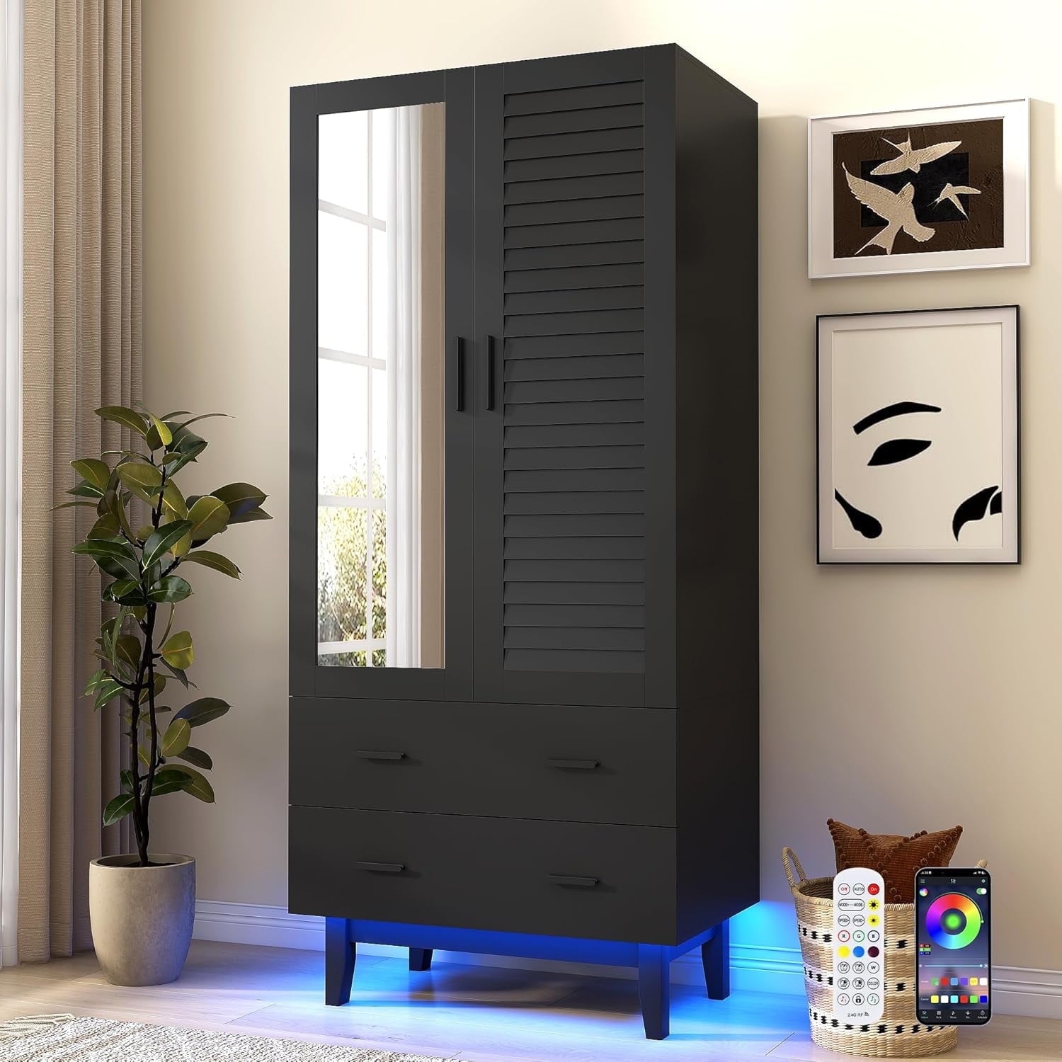 Blotout 70 Armoire Wardrobe Closet with Mirror & LED Lights, LED White Louver Door Wardrobe Armoire with 3 Drawers & Hanging Rods, Large 3 Doors Armoire Storage with Multi-Layer Shelves