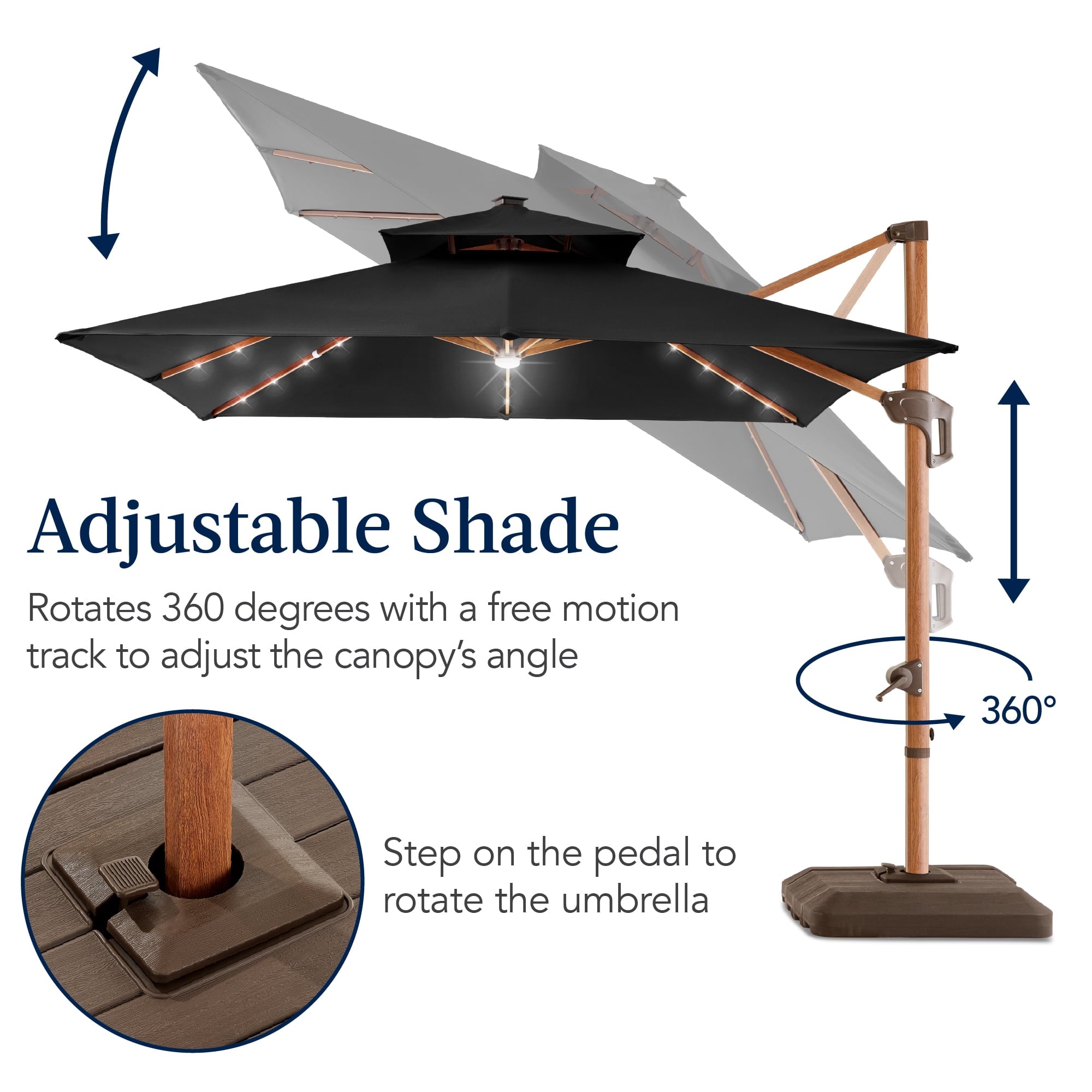 Best Choice Products 10ft Square Woodgrain Pattern 2-Tier Outdoor Solar LED Cantilever Umbrella w/ Base - Gray