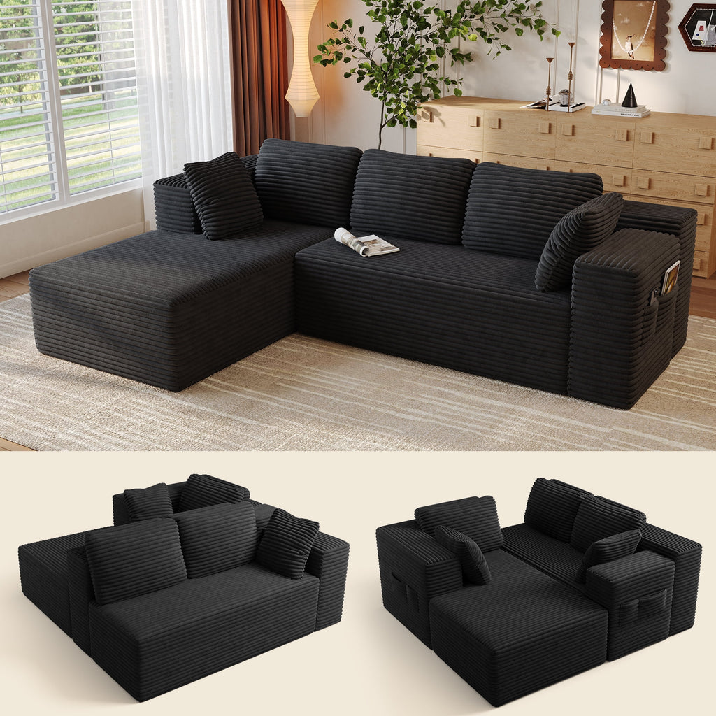 Sofa, Lofka 105 Free Assembly L-Shaped Sectional with Pet Friendly Corduroy Fabric, Black for Living Room/Apartment