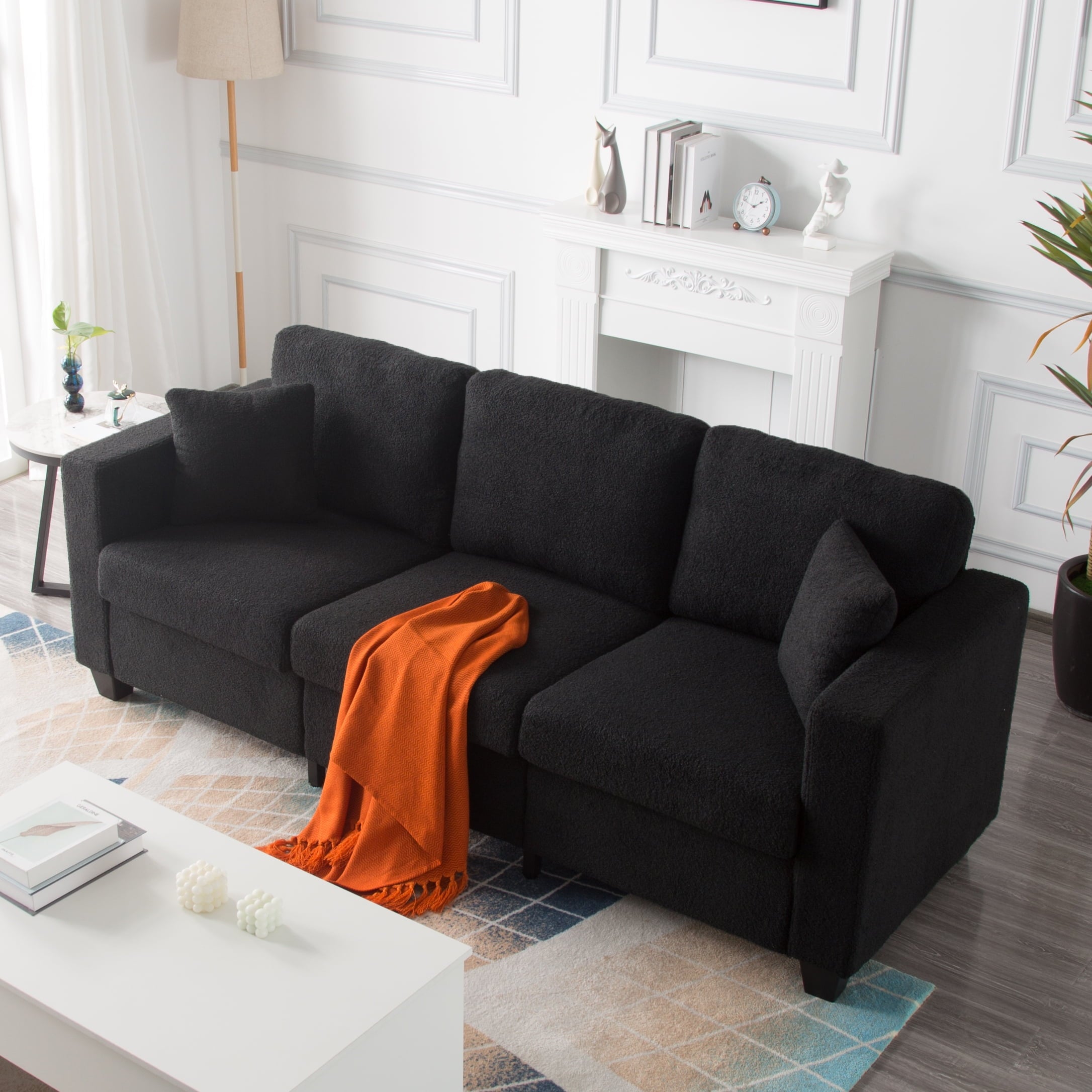 Gewnee 86.6 Modern Sofa Couch,Teddy Velvet 3 Seaters Comfy Couch with Deep Seat for Living Room,2 Pillows,Beige