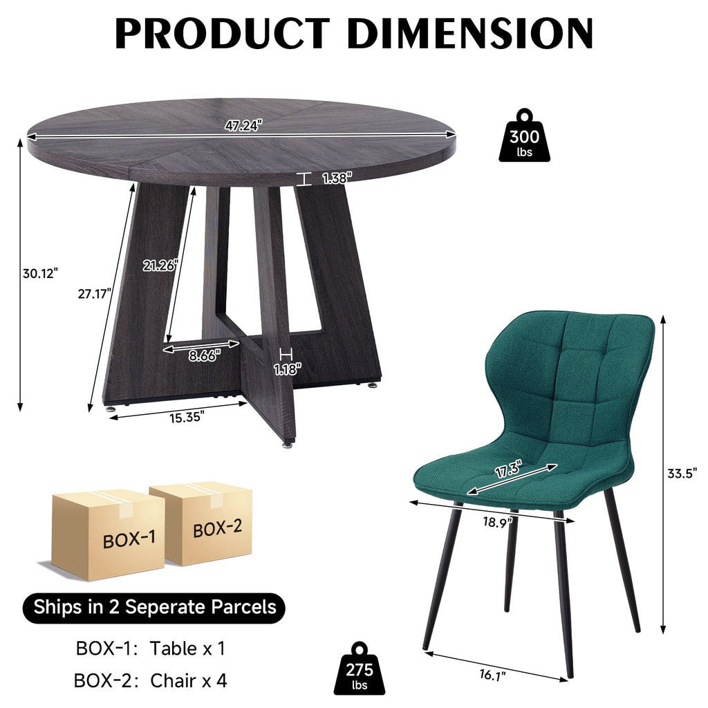 5 Piece 47'' Round Dining Table Chairs Set for 4, Farmhouse Oak Kitchen Table with 4 Boucle Mid Century Modern Dinning Room Chairs, Wood Dinner Table &Upholstered Chair Set of 4, Beige