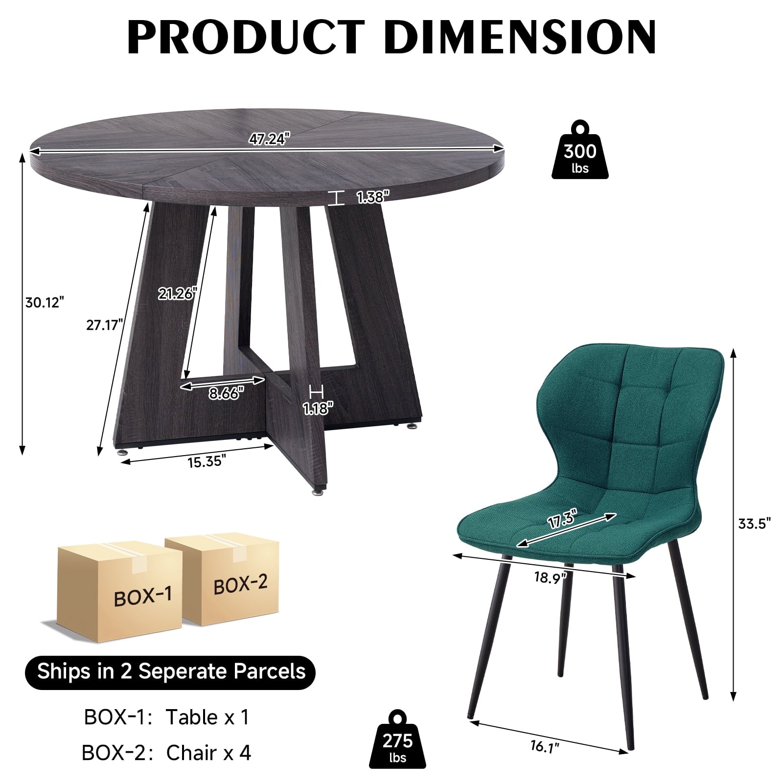 5 Piece 47'' Round Dining Table Chairs Set for 4, Farmhouse Oak Kitchen Table with 4 Boucle Mid Century Modern Dinning Room Chairs, Wood Dinner Table &Upholstered Chair Set of 4, Beige