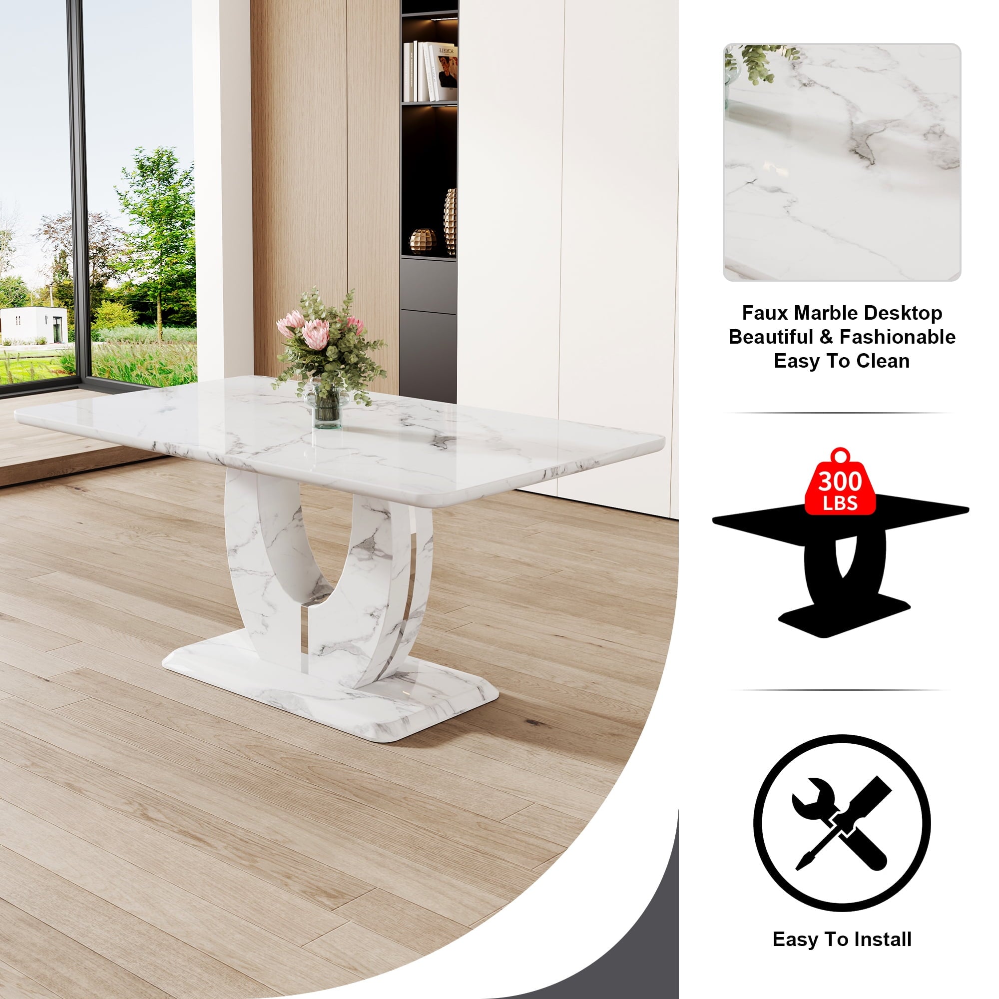 63 Modern White Rectangle Faux Marble Dining Table Room Sets for 4,Dining Table with 4 Velvet Dining Chairs,White Table and 4 Gray Chairs with Silver Leg