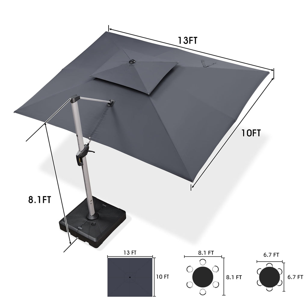 PURPLE LEAF 10 x 13FT Deluxe Rectangular Patio Umbrella, Large Offset Cantilever Umbrella with 360° Rotation, Gray
