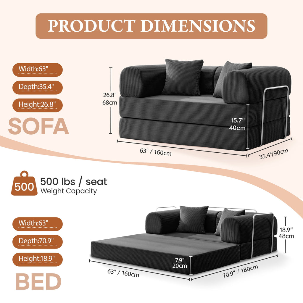 COOLHUT 63 W Combination Sofa, High Rebound Density Foam Sofa Couch, Two Forms Floor Couch Three Seats Sofa Bed for Living Room, Bedroom, Green