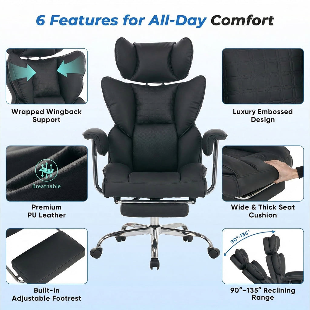 edx Executive Home Office Desk Chair, Ergonomic Big Tall High Back with Footrest & Lumbar Support, Reclining Comfy PU Leather Computer Gaming Chair with Swivel Wheels, Height Adjustable, Black
