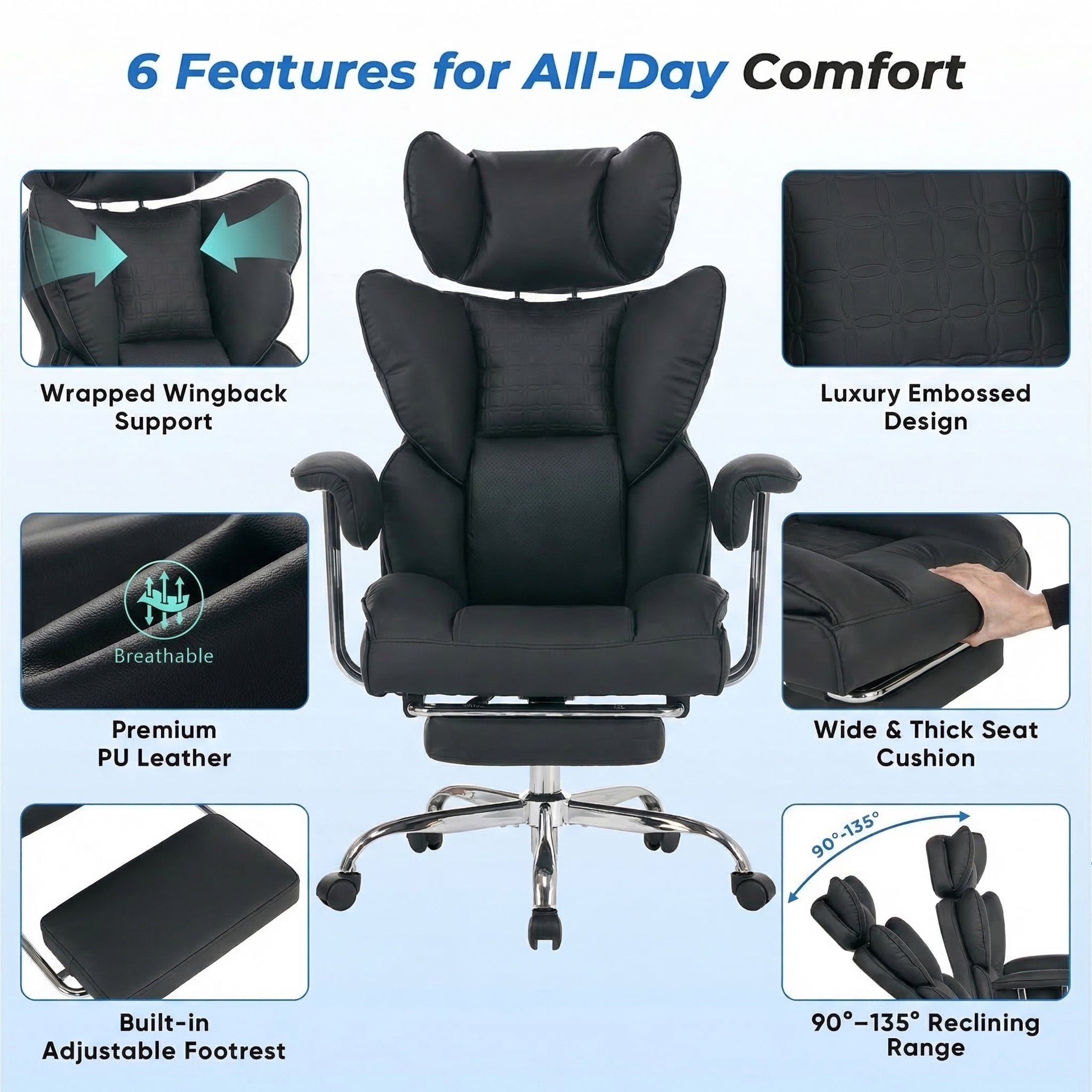 edx Executive Home Office Desk Chair, Ergonomic Big Tall High Back with Footrest & Lumbar Support, Reclining Comfy PU Leather Computer Gaming Chair with Swivel Wheels, Height Adjustable, Black