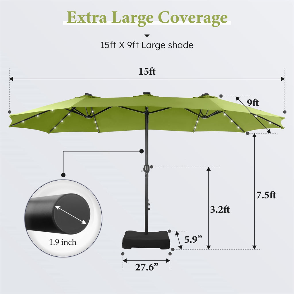 SUMMIT LIVING 15ft Double-Sided Solar Patio Umbrella with Base (Included) Large Outdoor Umbrella with Solar Lights - Beige