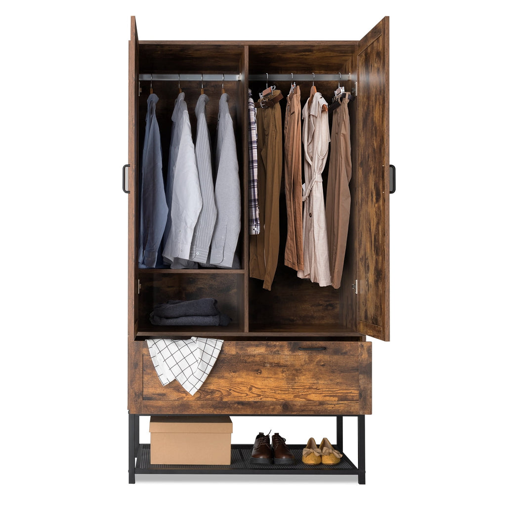 Ktaxon Wardrobe Armoire Closet with Hanging Rod, Modern Drawer & Shelf – Elegant White Finish Closet, Farmhouse to Mid-Century Style