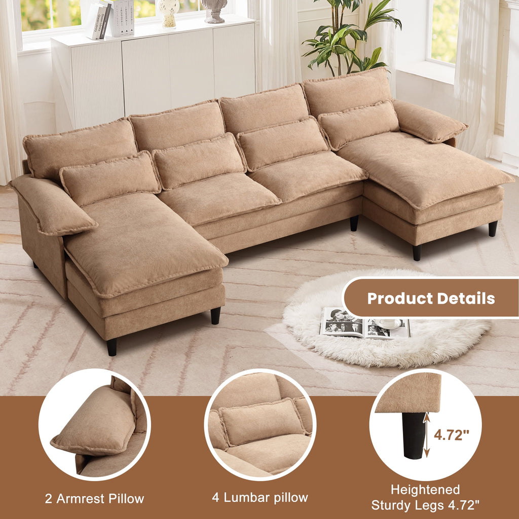 JONPONY109.45 U Shaped Couch,Oversized 4 Seat Sectional with 4 Waist Pillows, Convertible Upholstery Symmetrical Sofá,Sleeper Sofa Couch with Double Chaise Lounge &Memory Foam for Living Room, Beige