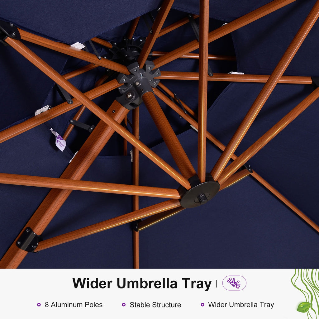 PURPLE LEAF 11FT Deluxe Round Wood Grain Patio Umbrella, Large Offset Cantilever Umbrella with 360° Rotation, Navy Blue
