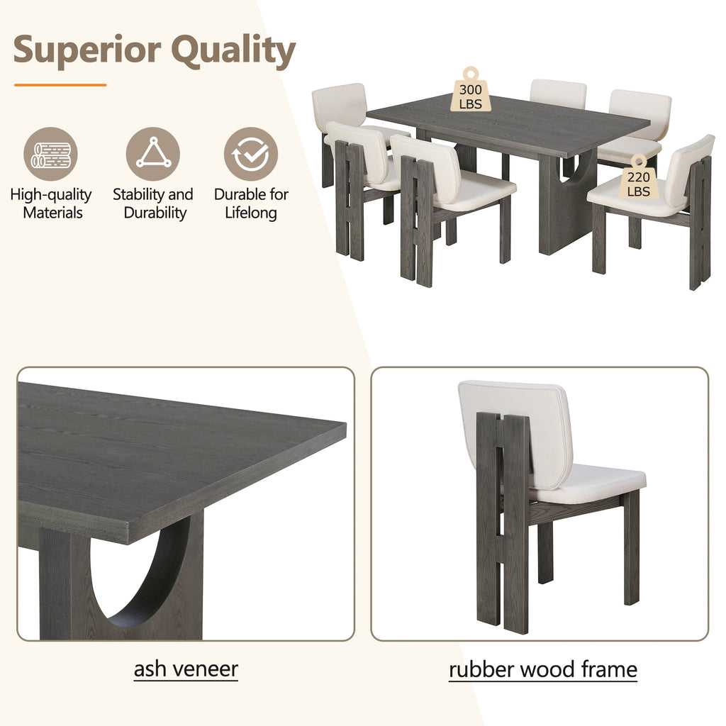 Harper & Bright Designs 7 Pieces Retro Dining Set for 6, Wood Rectangular Table with Designed Trestle Base and 6 Upholstered Chairs for Dining Room and Kitchen, Grey