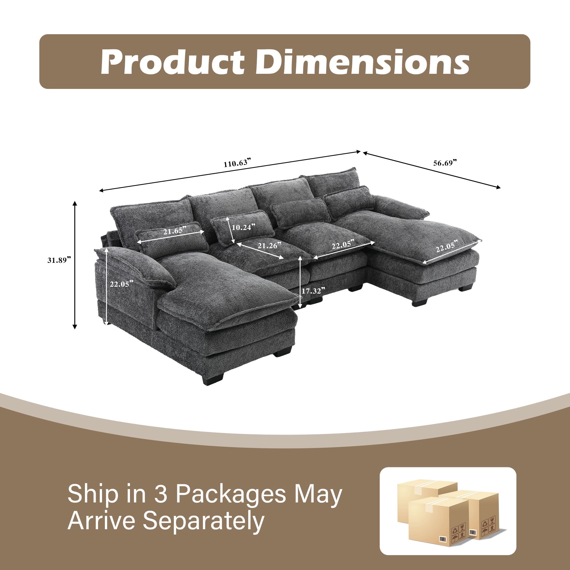 JONPONY109.45 U Shaped Couch,Oversized 4 Seat Sectional with 4 Waist Pillows, Convertible Upholstery Symmetrical Sofá,Sleeper Sofa Couch with Double Chaise Lounge &Memory Foam for Living Room, Beige