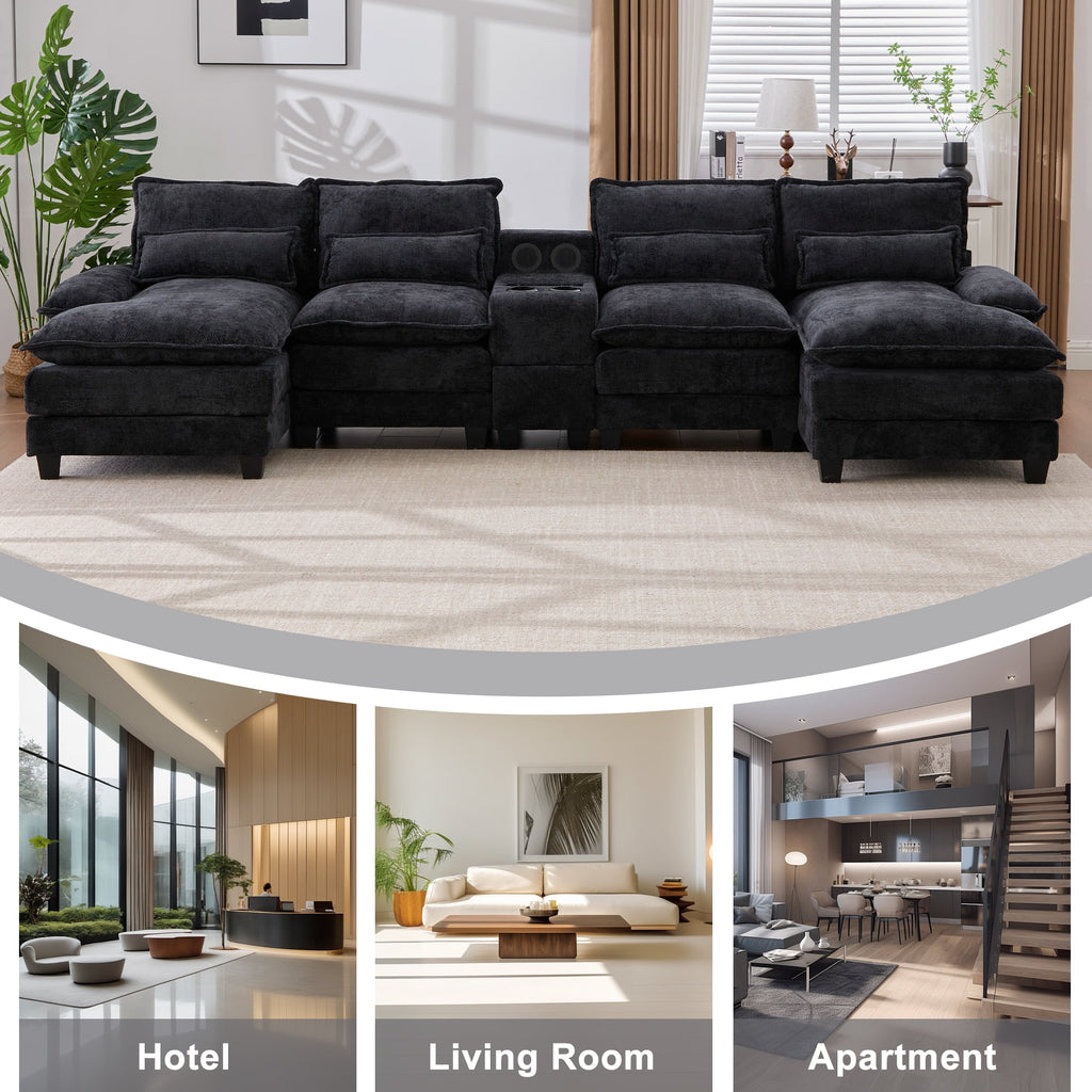 Villeston 126.77 U-Shaped Cloud Sofa With Chaise Lounge, Chenille Sofa With Wireless Charging, Bluetooth Speaker, Two Cup Holders, Storage Drawer, Suitable For Living Room,Gray