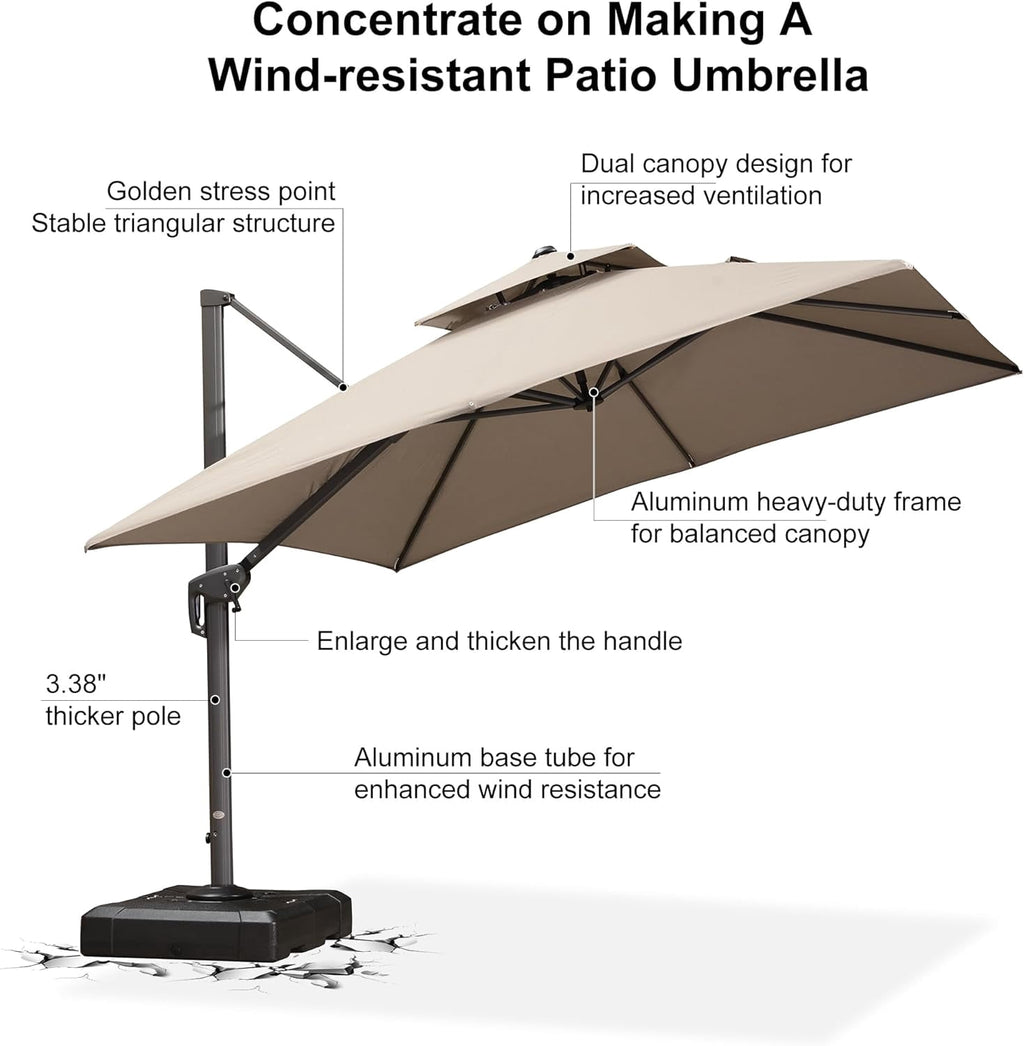 PURPLE LEAF Cantilever Umbrellas 12FT Square Large Patio Umbrella Offset Umbrella with 360°Rotation Tilting And Hanging Double Top, Grey