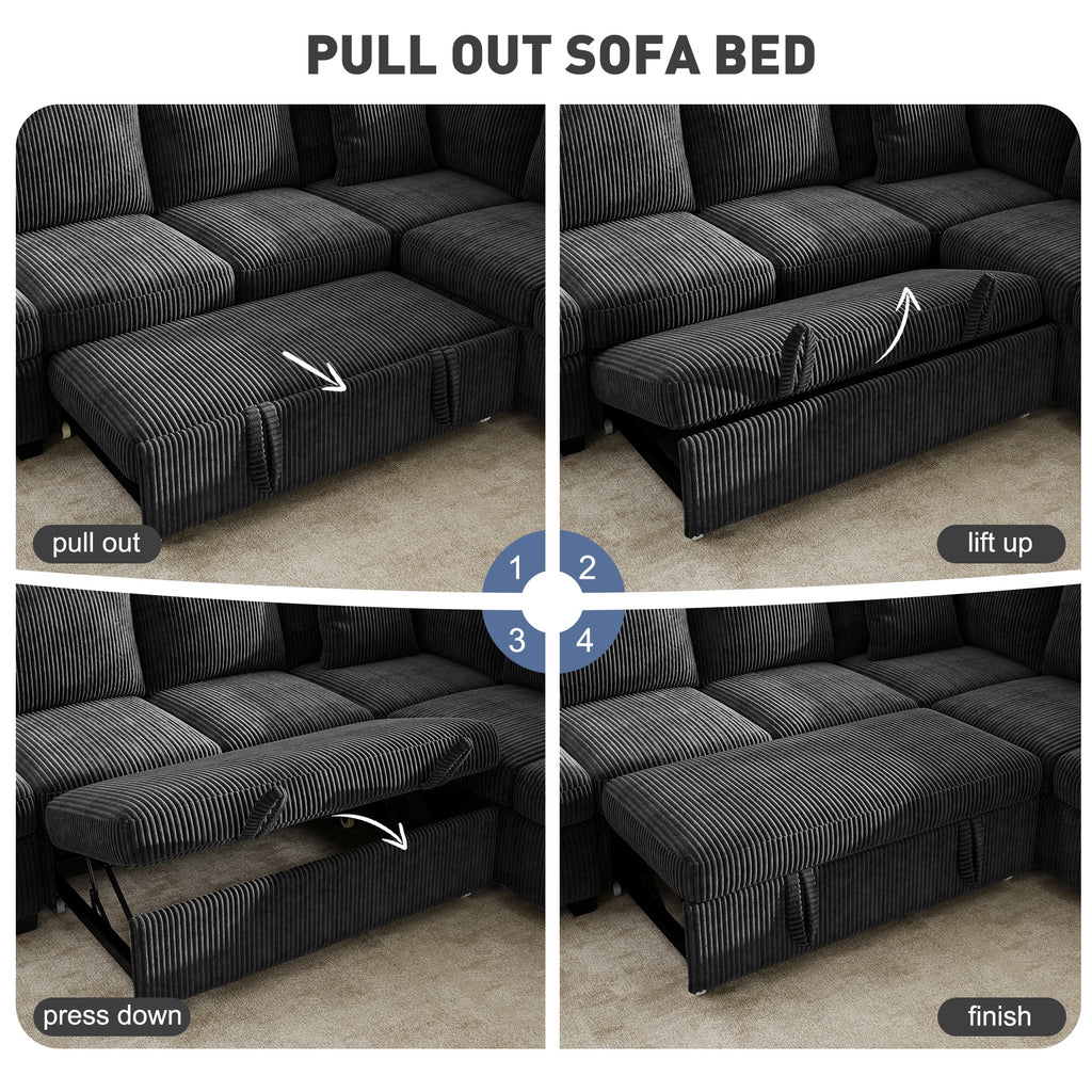 BedLuxury 83 Sectional Sleeper Sofa With Pull Out Bed, Storage Seat & USB Charging, L Shape Modern Couch for Living Room, Corduroy Gray