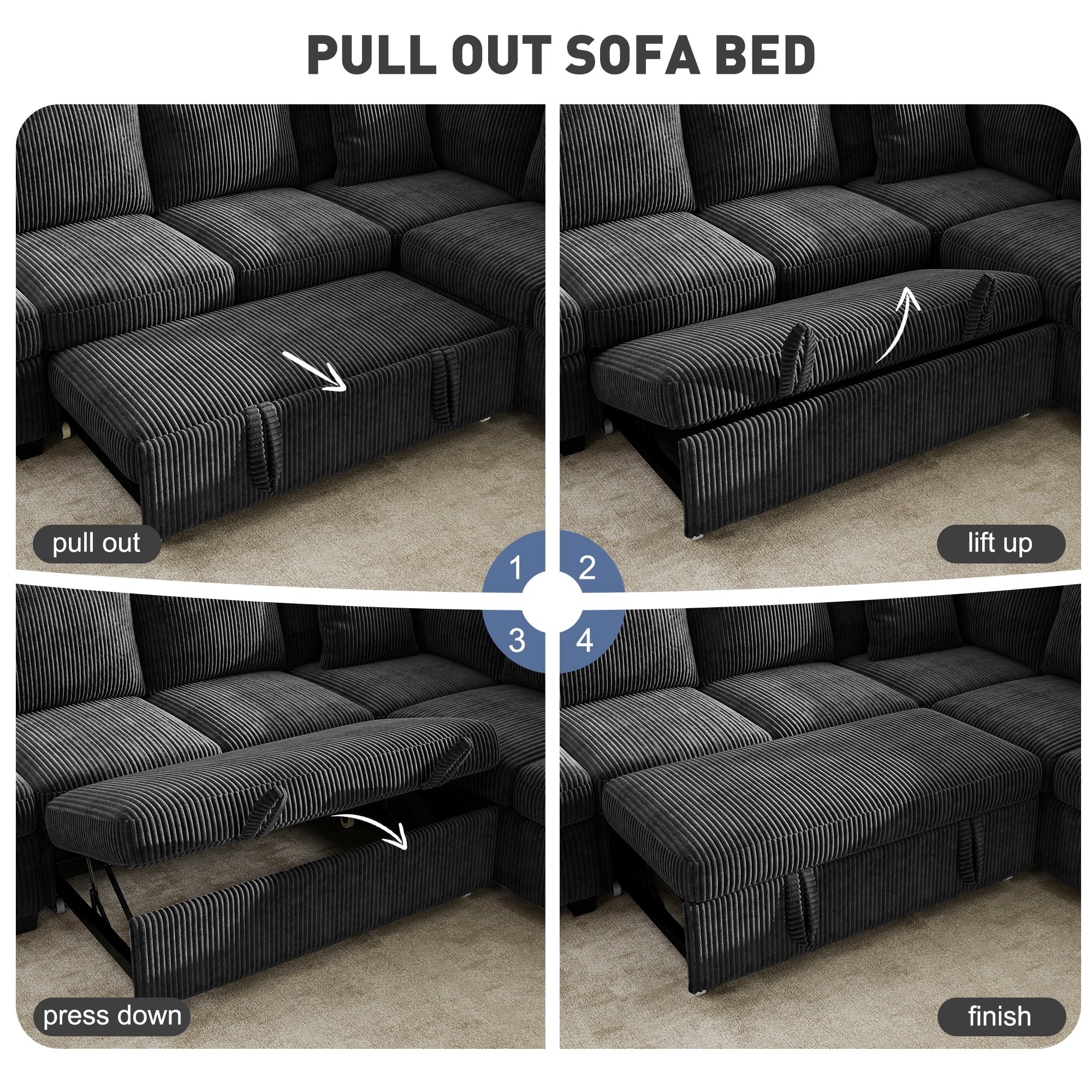 BedLuxury 83 Sectional Sleeper Sofa With Pull Out Bed, Storage Seat & USB Charging, L Shape Modern Couch for Living Room, Corduroy Gray